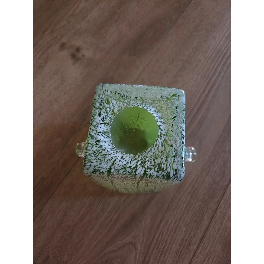 Vintage Green Crackle Art Glass Vase Square Tapered with Clear Handles